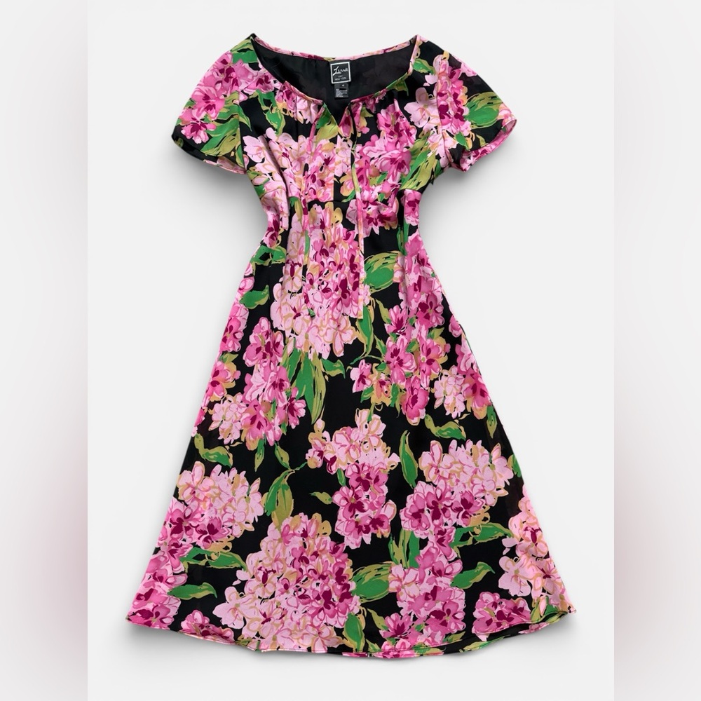 Vintage Lennie NY Black Floral Chiffon Milkmaid Babydoll Midi Dress